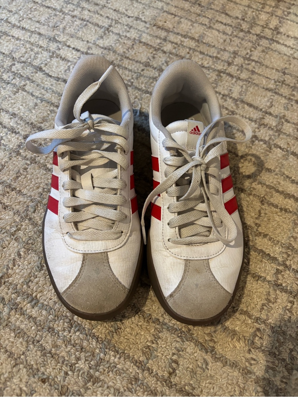 adidas White Sneakers with Red Stripes and Tan Accents